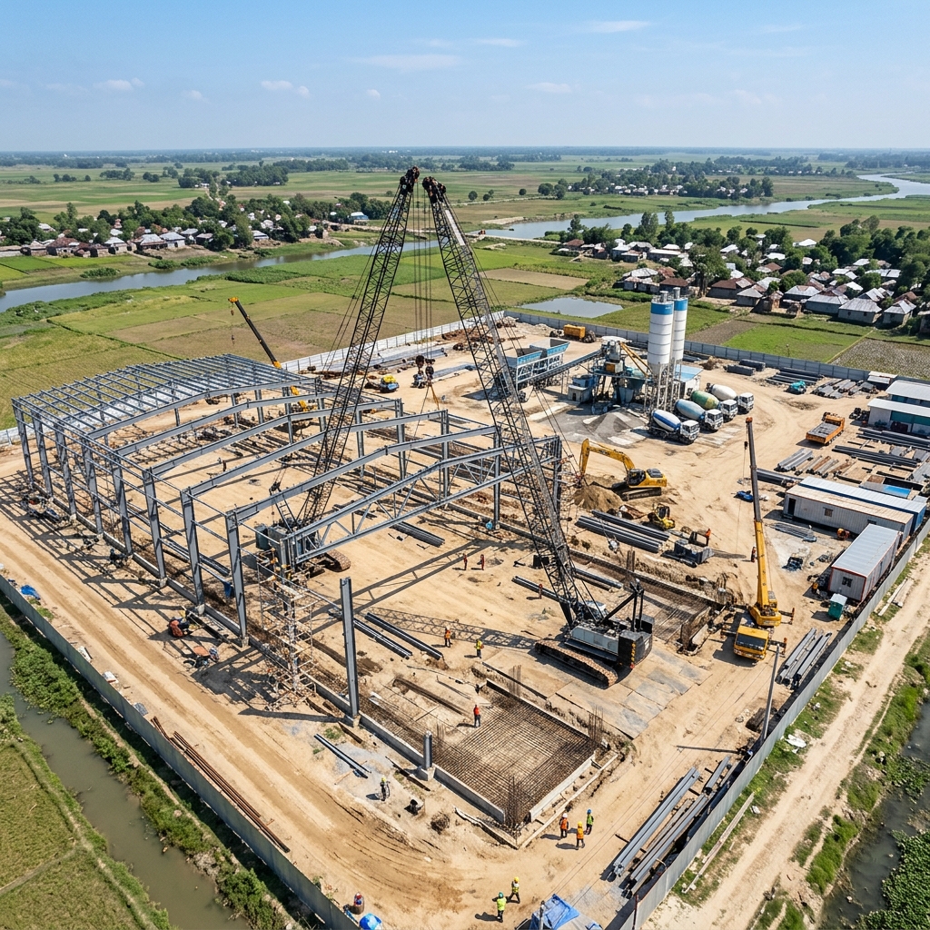 Bongshai Engineering construction site with crawler cranes and PEB steel structure erection