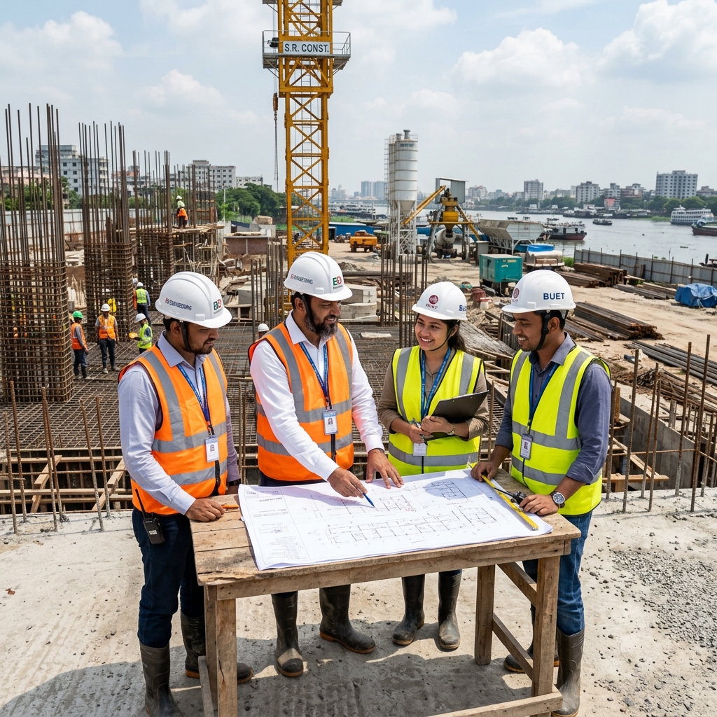 BONGSHAI Engineering team of engineers on construction site reviewing blueprints