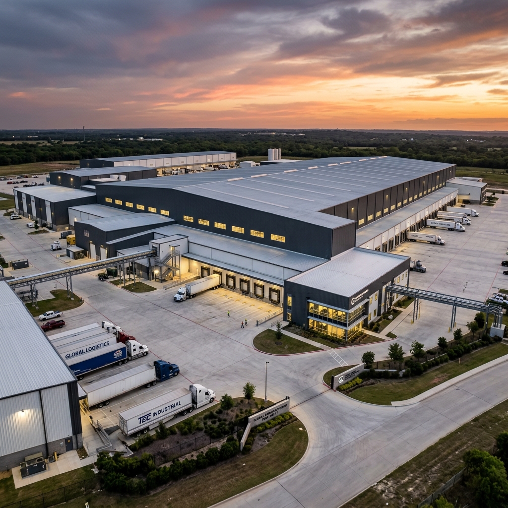 Completed massive industrial PEB factory complex at sunset