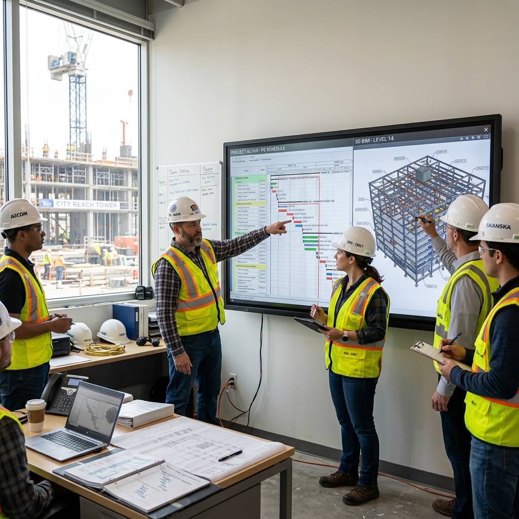 Engineering project management team reviewing BIM models and schedules